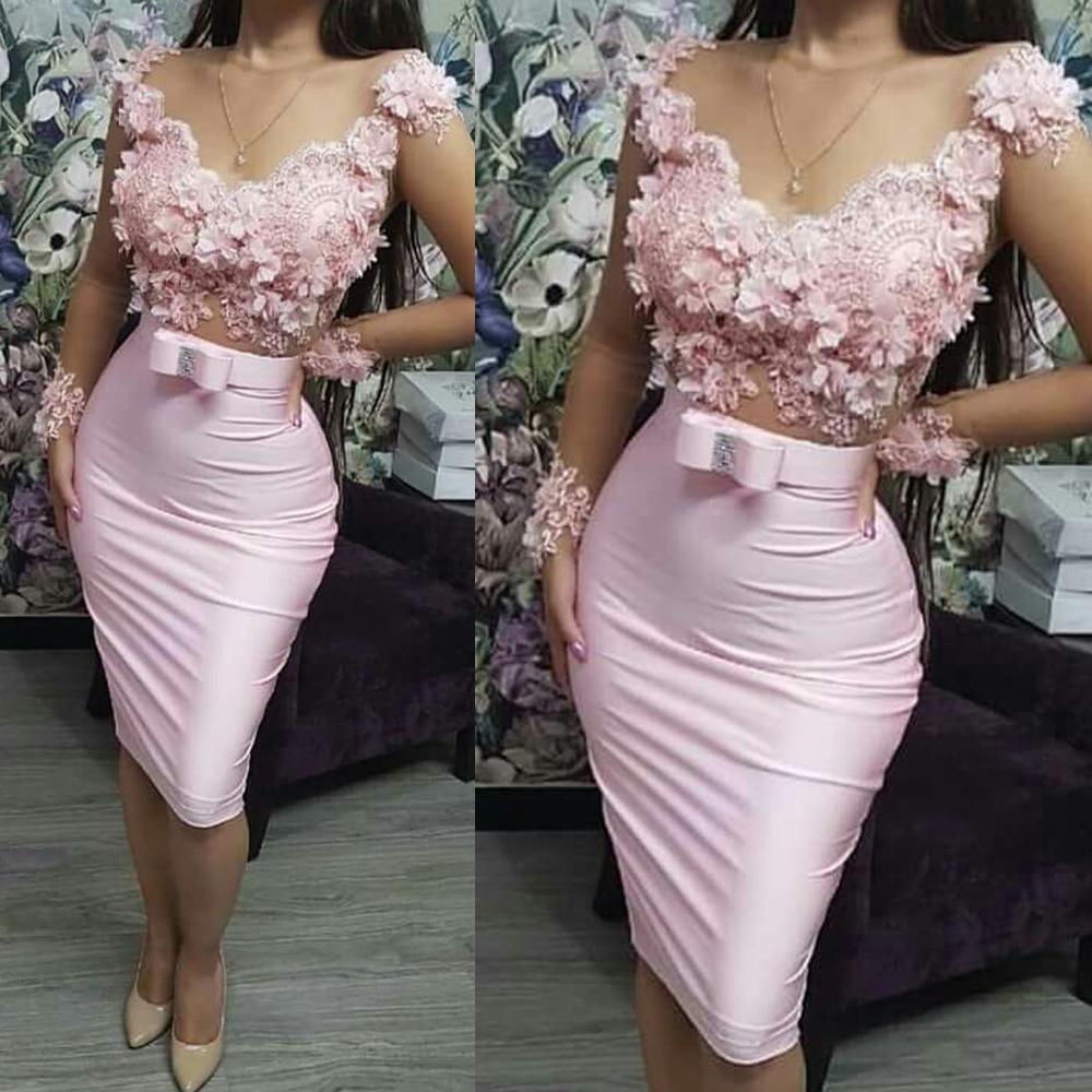 pink evening dresses short lace ...